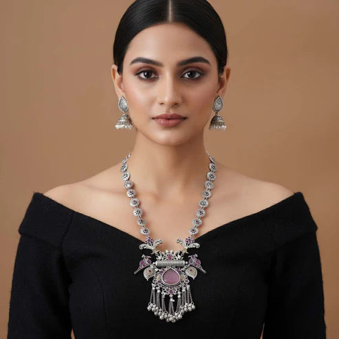 Light Pink & Rani Color Dual Tone Oxidised Necklace Set Blending Soft Tones With Exquisite Oxidised Styling