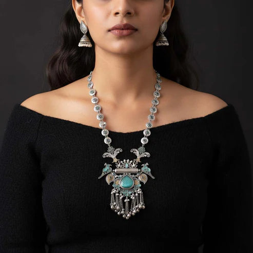 Pista Green Color Dual Tone Oxidised Necklace Set Infused With Refreshing Tones And Detailed Metalwork