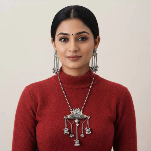Silver Color Dual Tone Oxidised Necklace Set Featuring Classic Metallic Tones With Ornate Oxidised Texture
