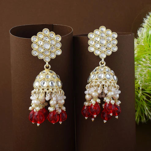 Elegant Red Color Kundan Earrings Crafted for Traditional Indian Festive and Party Dressing
