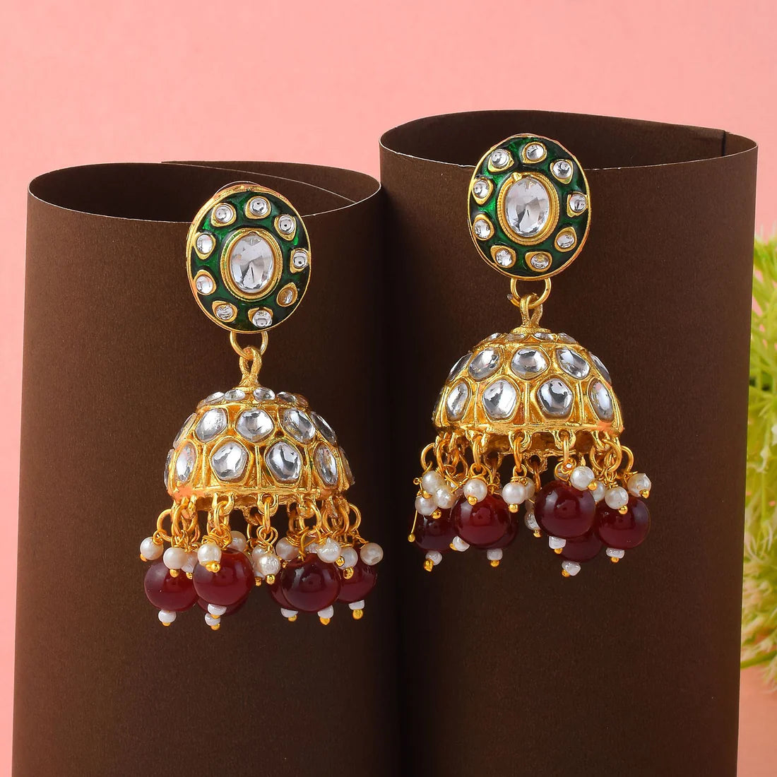 Royal Maroon Color Meena Work Kundan Earrings Designed for Women’s Elegant Traditional Jewelry