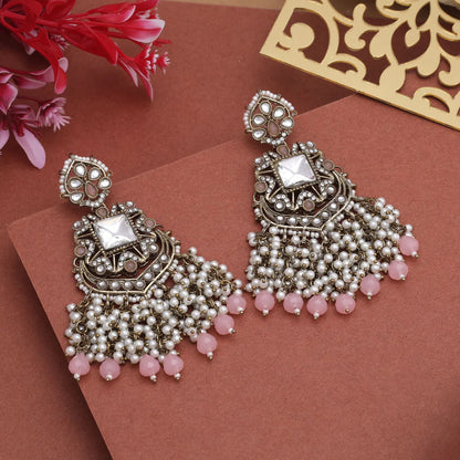 Pretty Pink Color Kundan Earrings With Antique Gold Polish For Wedding Ceremonies