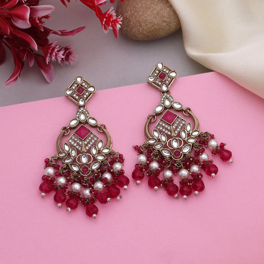 Beautiful Rani Color Kundan Earrings With Floral Design For Wedding Occasions