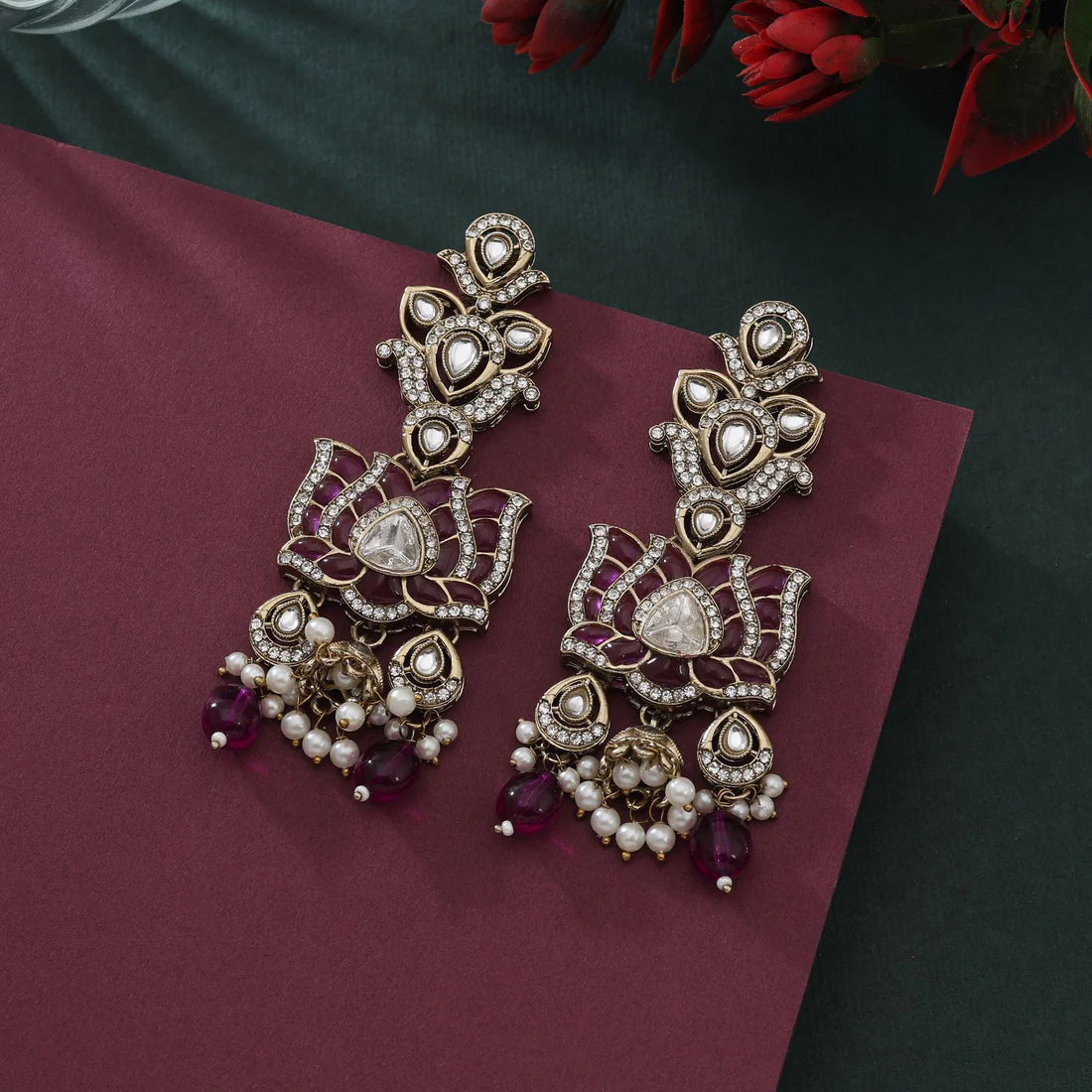 Gorgeous Purple Color Kundan Earrings With Detailed Work For Festive Look