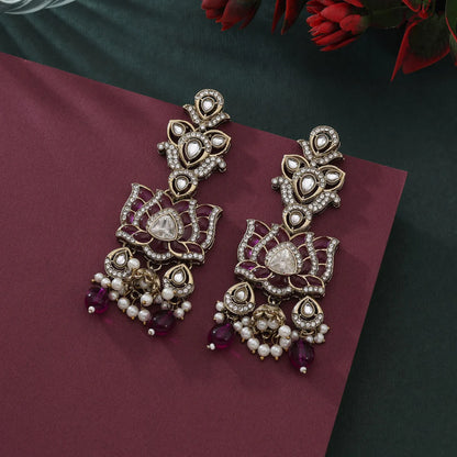 Gorgeous Purple Color Kundan Earrings With Detailed Work For Festive Look