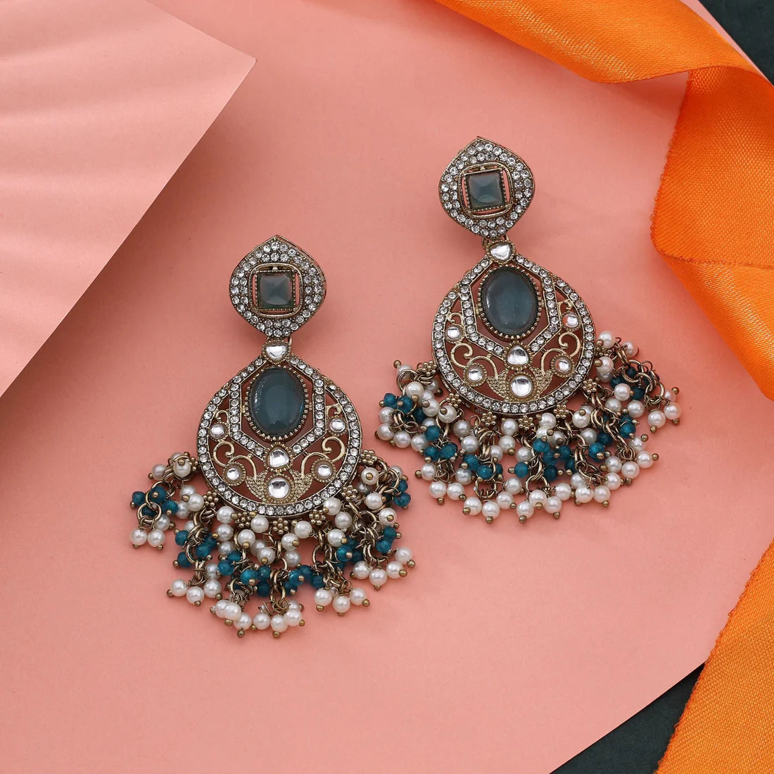 Classy Rama Green Color Kundan Earrings With Refined Traditional Work