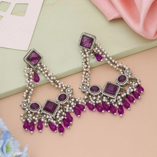 Purple Color Kundan Earrings Designed For Elegant Evening Ethnic Wear