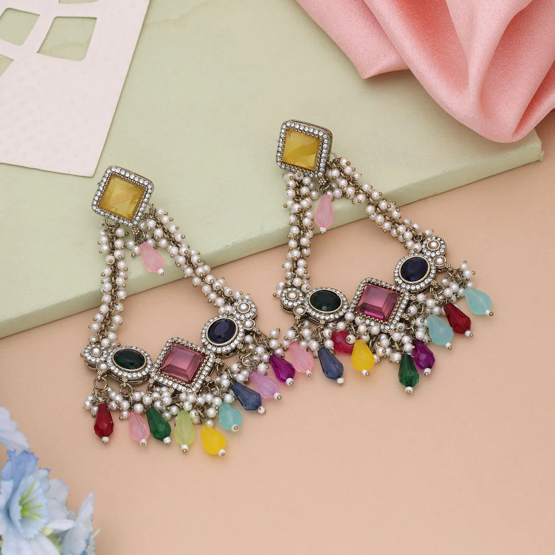 Multi Color Kundan Earrings Designed For Vibrant Wedding Celebrations