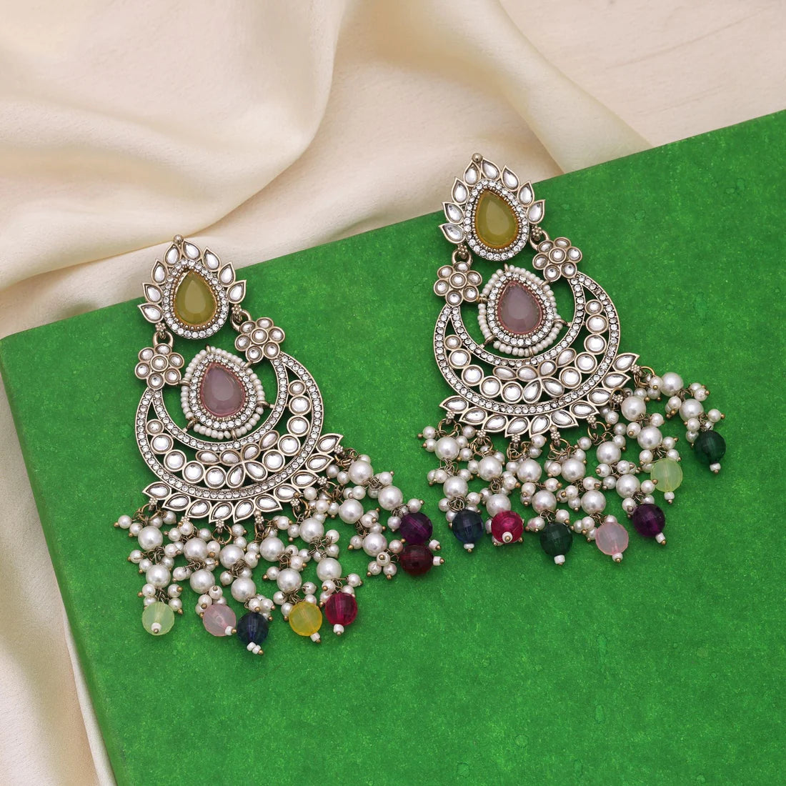 Multi Color Kundan Earrings Crafted For Statement Traditional Styling