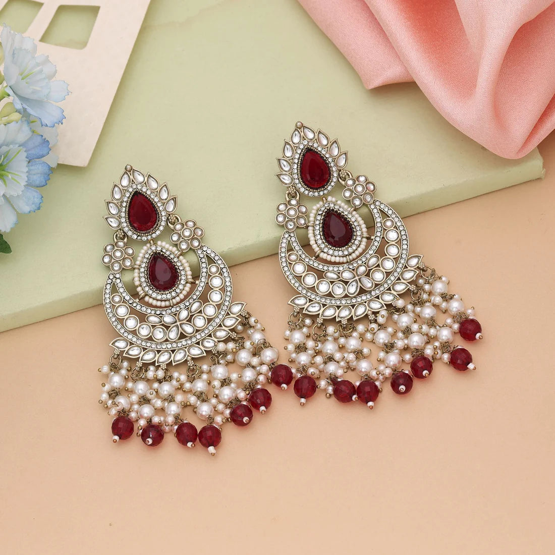 Maroon Color Kundan Earrings Styled For Rich Traditional Looks