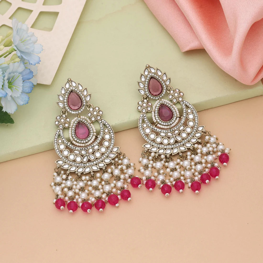 Rani Color Kundan Earrings Offering Royal Shine And Festive Beauty