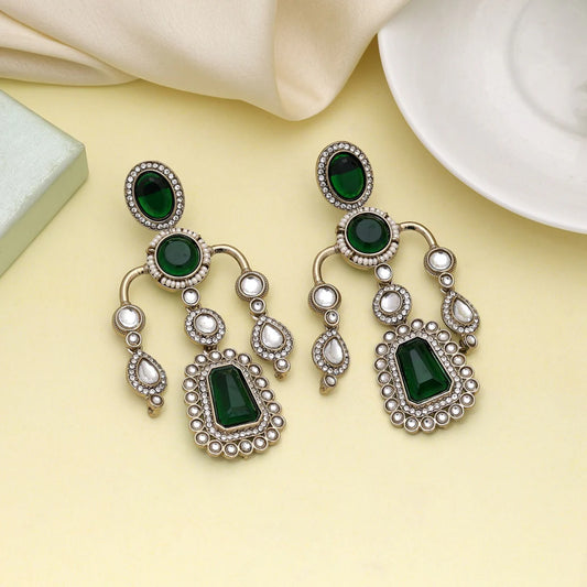 Green Color Kundan Earrings Crafted For Elegant Cultural Celebrations
