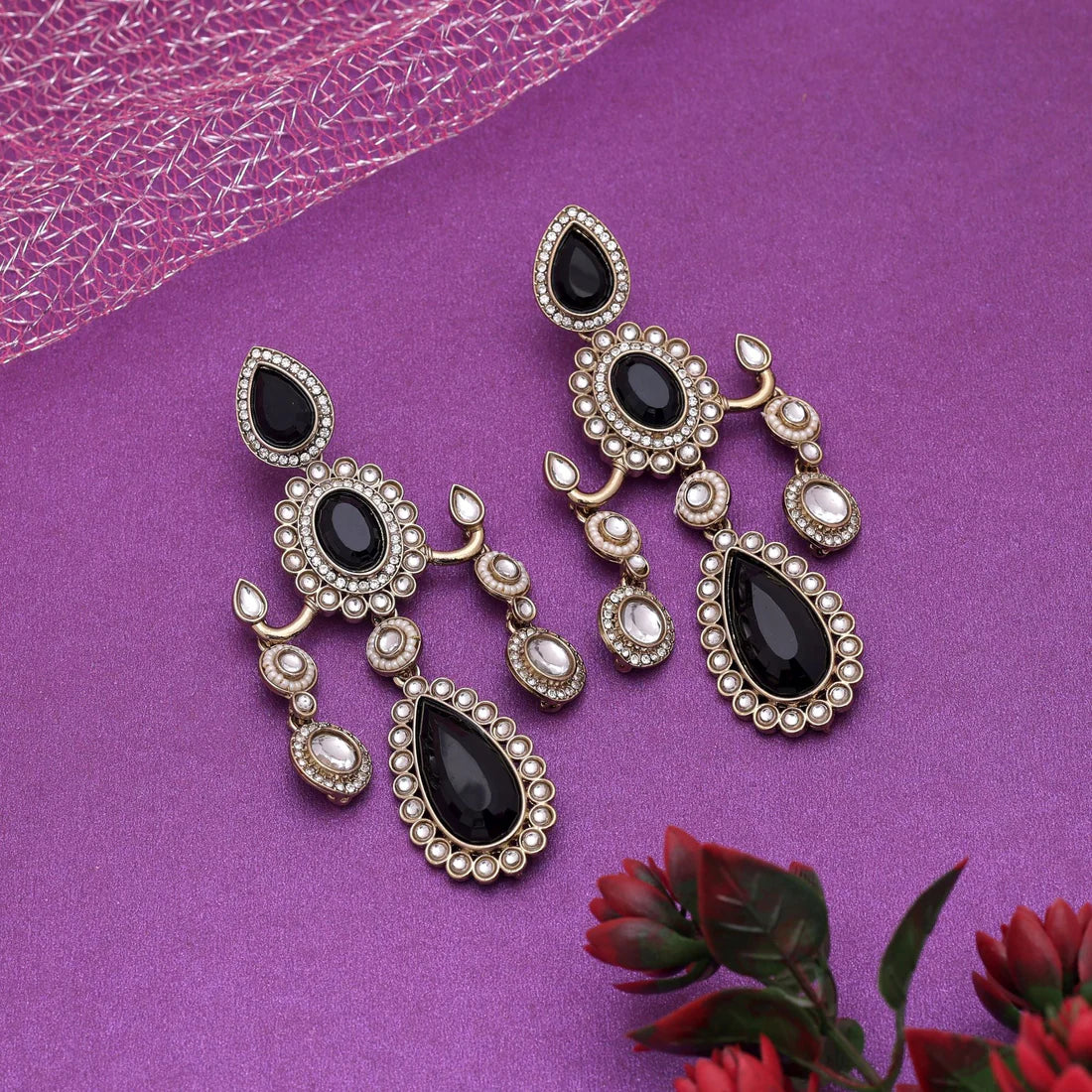 Black Color Kundan Earrings Crafted For Contemporary Ethnic Styling
