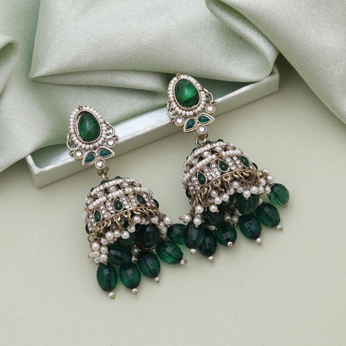 Green Color Kundan Earrings Styled With Matching Kundan Earrings Tikka Set Appeal