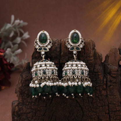 Green Color Kundan Earrings Styled With Matching Kundan Earrings Tikka Set Appeal