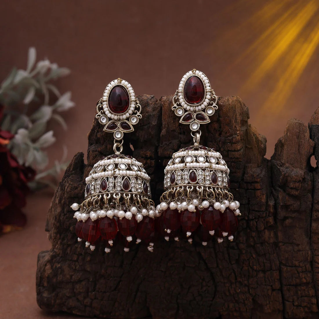 Maroon Color Kundan Earrings Styled For Festive Kundan Earrings Tikka Set Wear
