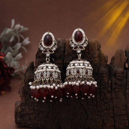 Maroon Color Kundan Earrings Styled For Festive Kundan Earrings Tikka Set Wear