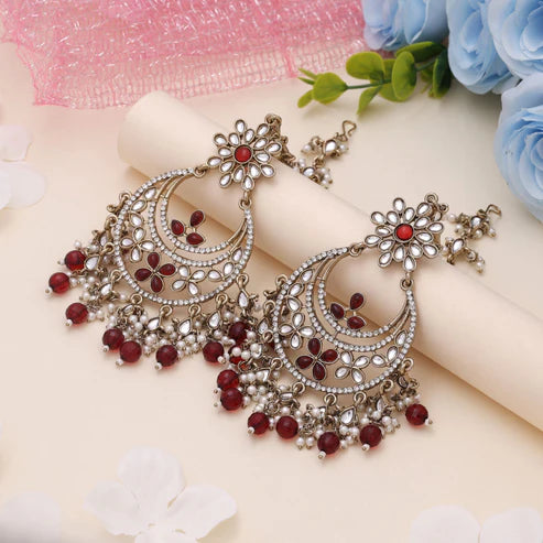 Maroon Color Kundan Earrings Crafted For Royal Kundan Earrings Tikka Set