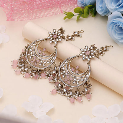 Pink Color Kundan Earrings Designed For Matching Kundan Earrings Tikka Set