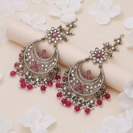 Rani Color Kundan Earrings Styled With Bridal Kundan Earrings Tikka Set