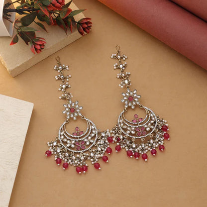 Rani Color Kundan Earrings Styled With Bridal Kundan Earrings Tikka Set