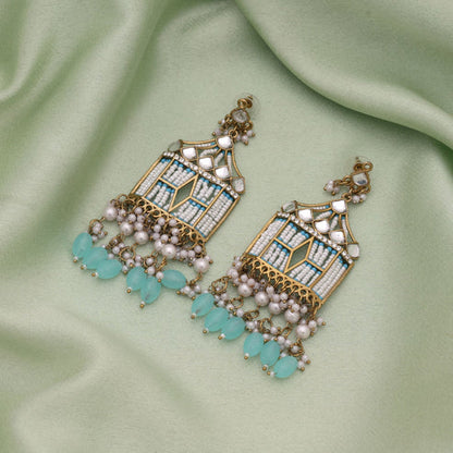 Sky Blue Color Stylish Ethnic Kundan Earrings With Traditional Party Wear Design