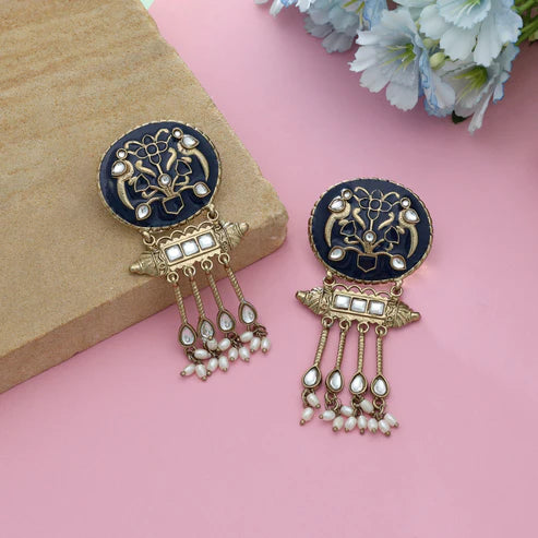 Blue Color Meena Work Kundan Earrings Stylish Ethnic Designer Jewelry Piece