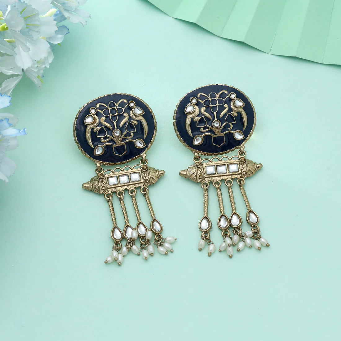 Blue Color Meena Work Kundan Earrings Stylish Ethnic Designer Jewelry Piece