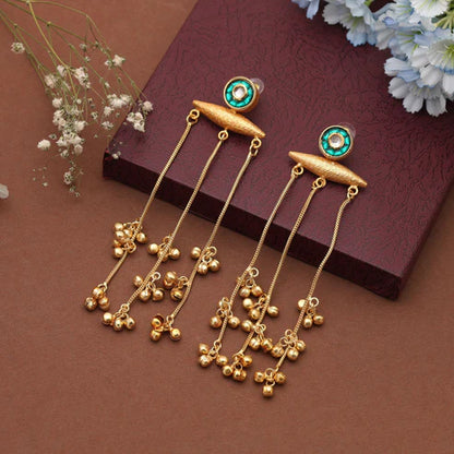 Green Color Long Kasmiri Earrings Crafted To Elevate Festive Attire With Intricate Traditional Artistry