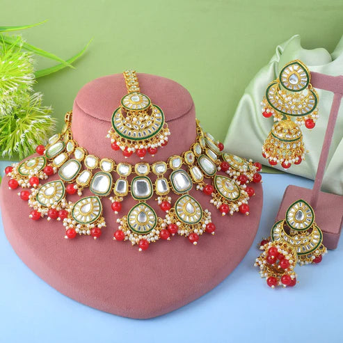 Elegant Red Color Kundan Necklace Set For Traditional Wedding Wear