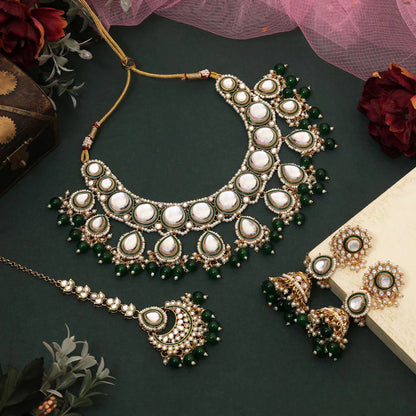Beautiful Green Color Kundan Necklace Set Ideal For Cultural Functions And Bridal Styling