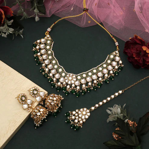 Beautiful Green Color Meena Work Kundan Necklace Set Crafted With Premium Detailing For Bridal Jewelry