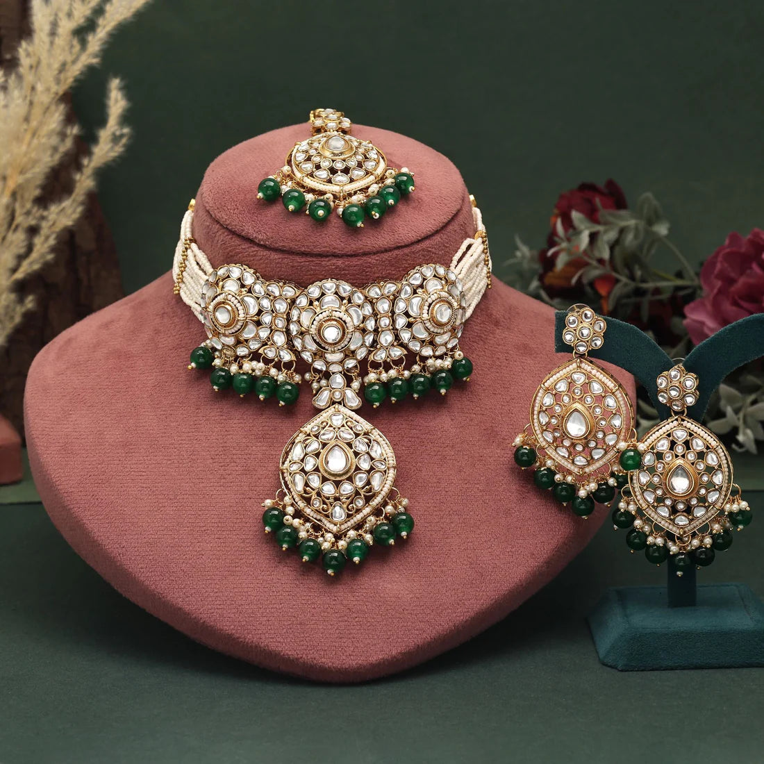 Elegant Green Color Choker Kundan Necklace Set Perfect For Bridal Wear And Festive Celebrations