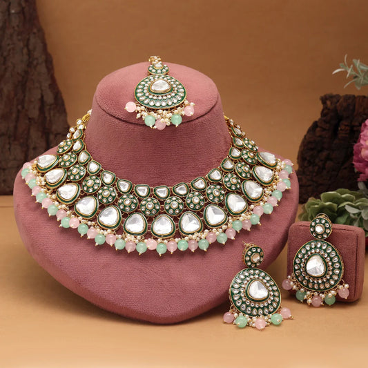 Attractive Pista Green And Pink Color Meena Work Kundan Necklace Set Perfect For Brides And Engagements