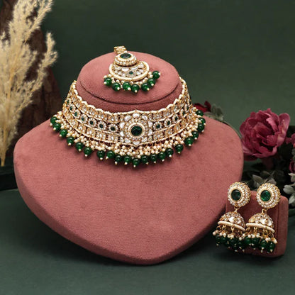 Stylish Green Color Choker Kundan Necklace Set Designed With Premium Handmade Detailing For Wedding Jewelry