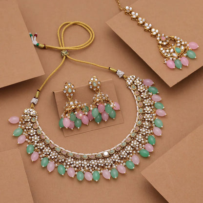 Dual Shade Pink Pista Green Color Kundan Necklace Set With Elegant Bridal Style