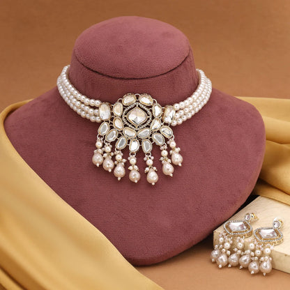 Stylish White Color Choker Kundan Necklace Set Perfect For Bridal And Festive Jewellery