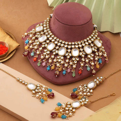 Multi Color Stylish Heavy Design Back Side Meena Work Kundan Necklace Set For Women’S Fashion