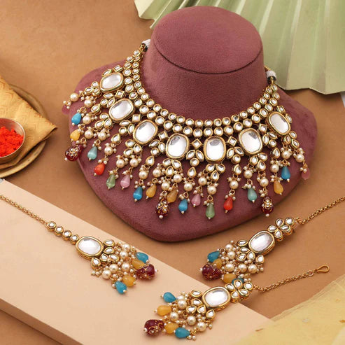 Multi Color Stylish Heavy Design Back Side Meena Work Kundan Necklace Set For Women’S Fashion