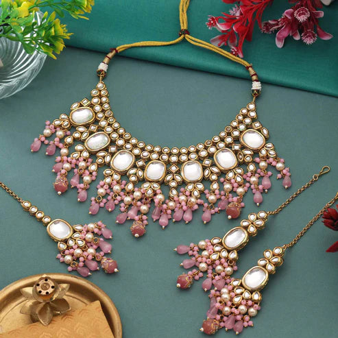 Pink Color Charming Party Wear Back Side Meena Work Kundan Necklace Set For Elegant Dressing