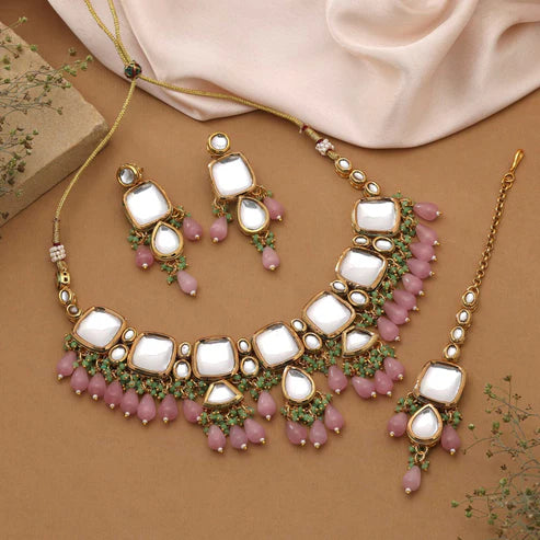 Pink Color Delicate Polished Design Back Side Meena Work Kundan Necklace Set For Women’S Fashion