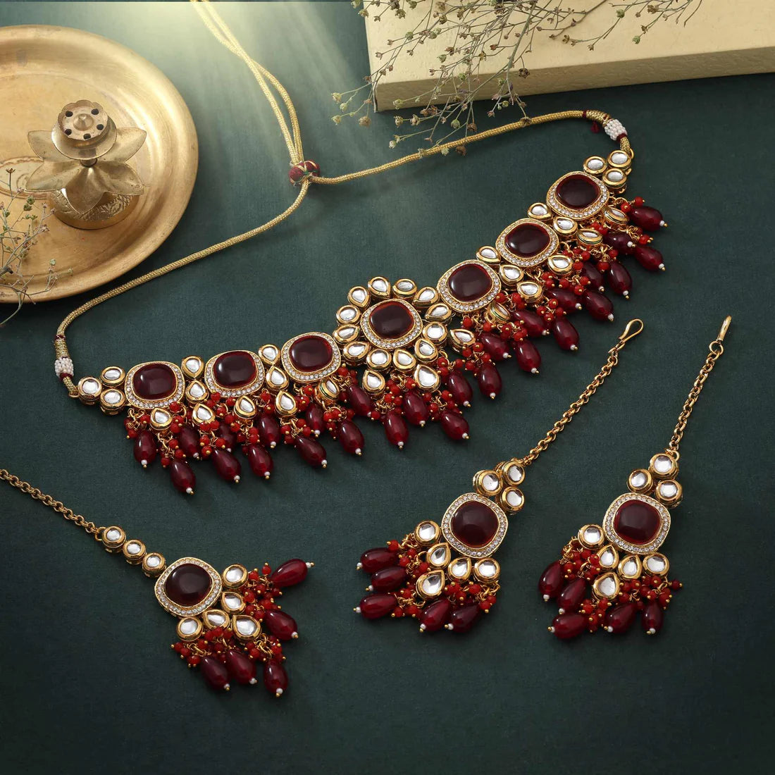 Maroon Color Choker Style Traditional Back Side Meena Work Kundan Necklace Set For Festive Events