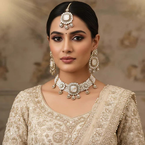 Classic White Color Choker Kundan Necklace Set Ideal For Elegant Ceremonial Moments