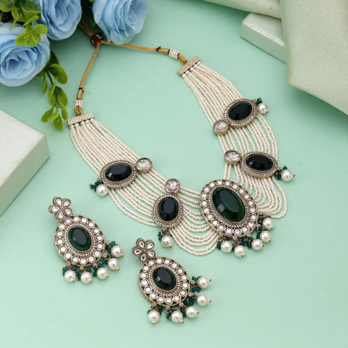Green Color Kundan Necklace Set Inspired By Rich Indian Festive Jewellery