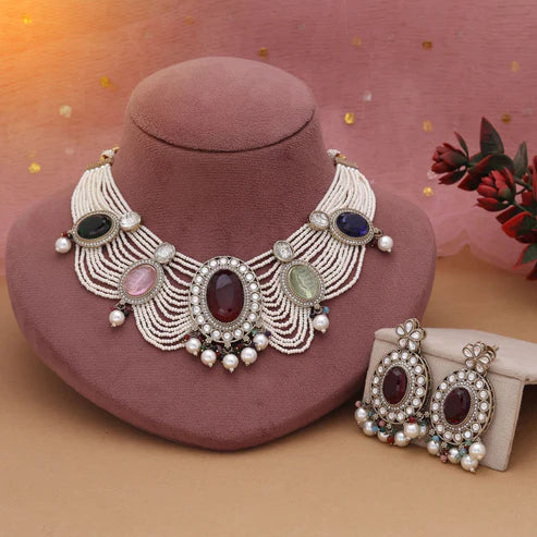 Multi Color Kundan Necklace Set With Vibrant Stones For Festive Styling