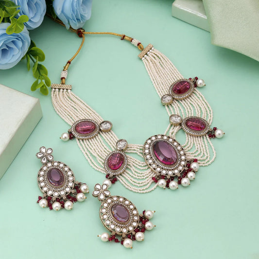 Magenta Color Kundan Necklace Set Featuring Bold Royal Festive Appeal