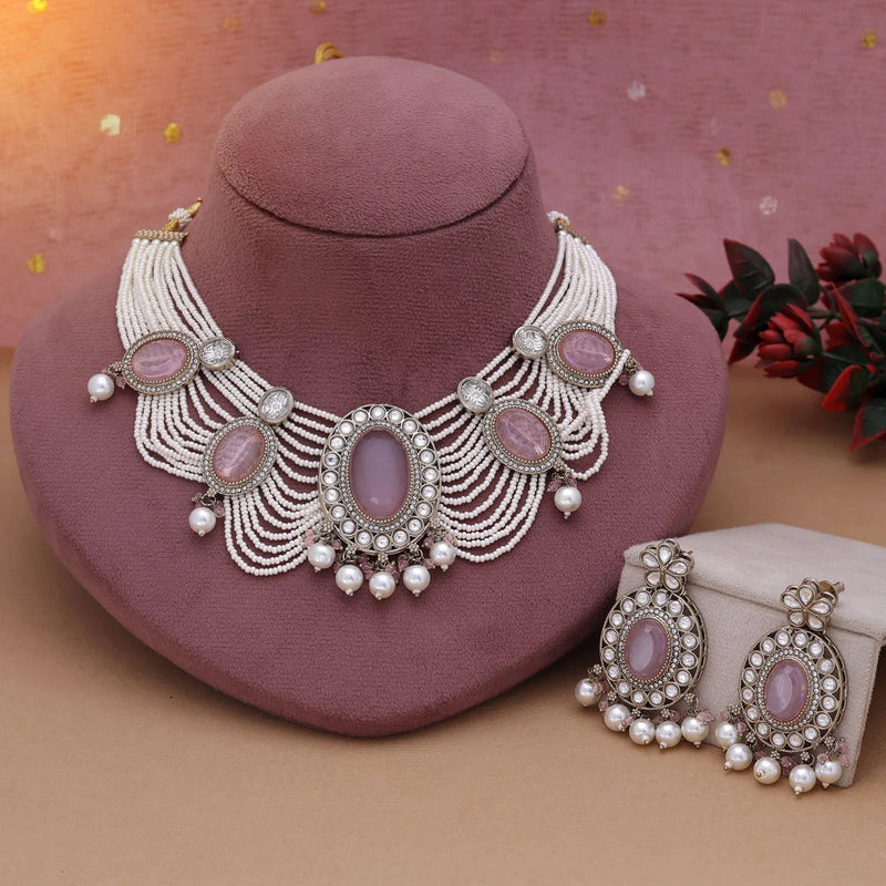 Pink Color Kundan Necklace Set Designed For Elegant Wedding Celebrations