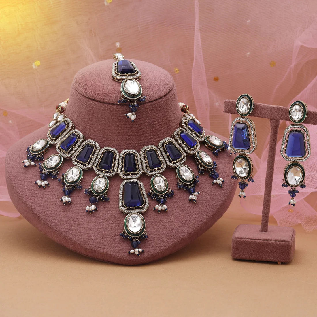 Blue Color Kundan Necklace Set Designed For Elegant Traditional Styling