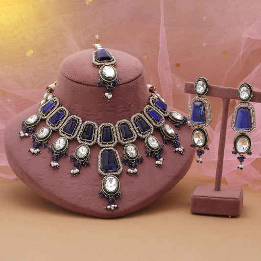Blue Color Kundan Necklace Set Designed For Elegant Traditional Styling
