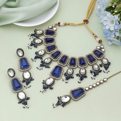 Blue Color Kundan Necklace Set Designed For Elegant Traditional Styling